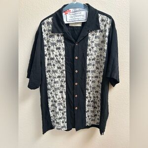 Vintage Silk Men’s Hawaiian Shirt 100% Silk Palm Tree Black Gray Size L
